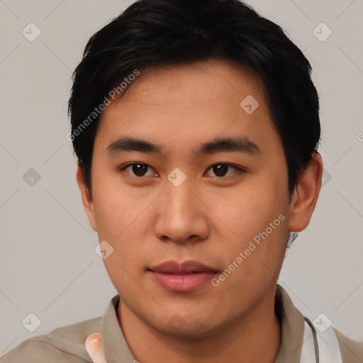 Neutral asian young-adult male with short  black hair and brown eyes