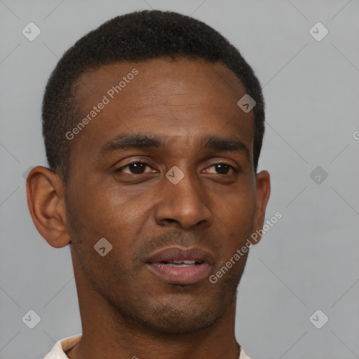 Neutral black young-adult male with short  brown hair and brown eyes