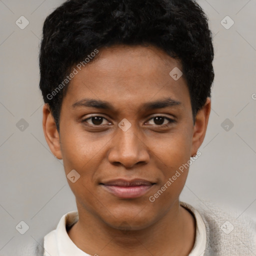 Joyful black young-adult male with short  brown hair and brown eyes