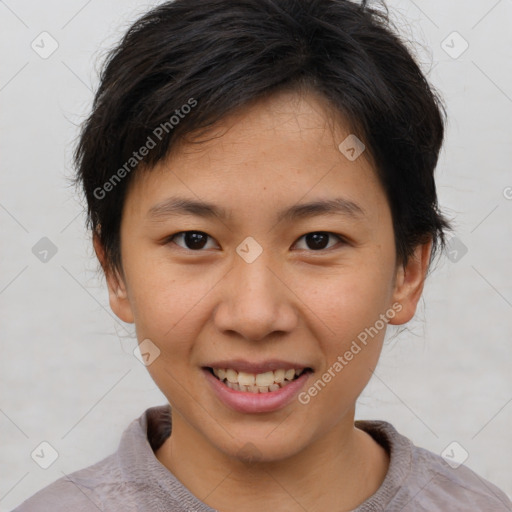 Joyful asian young-adult female with short  brown hair and brown eyes