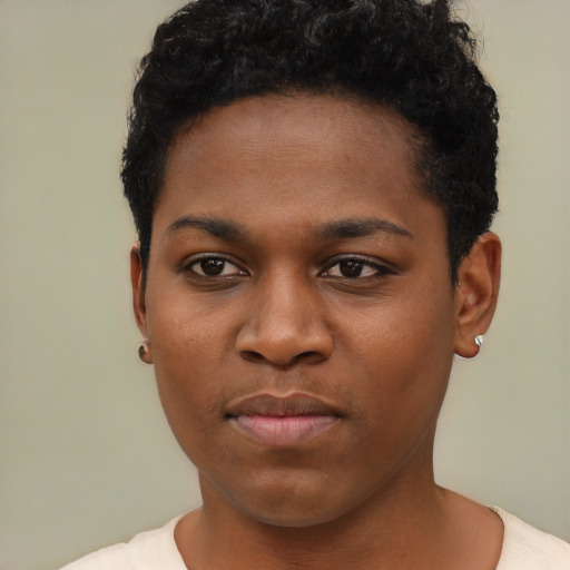 Neutral black young-adult female with short  black hair and brown eyes
