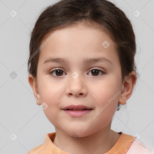 Joyful white child female with medium  brown hair and brown eyes