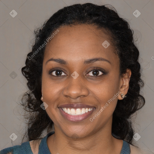 Joyful black young-adult female with medium  black hair and brown eyes