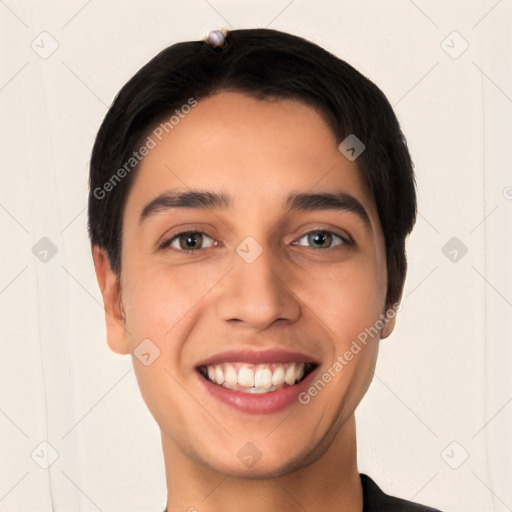 Joyful white young-adult male with short  black hair and brown eyes