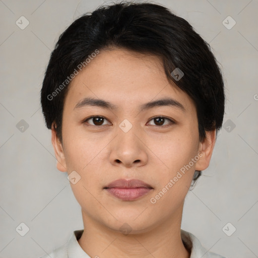 Neutral asian young-adult female with short  black hair and brown eyes