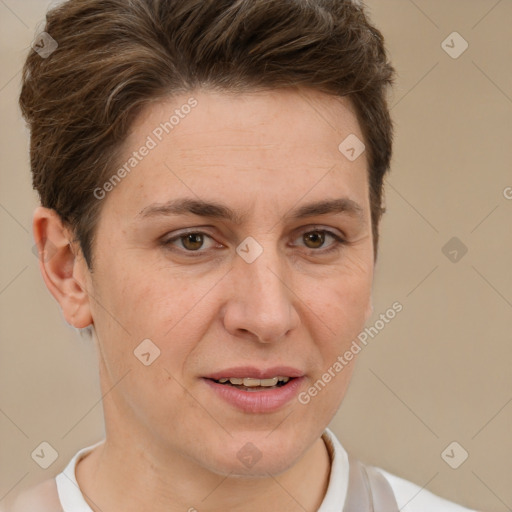 Joyful white adult female with short  brown hair and brown eyes