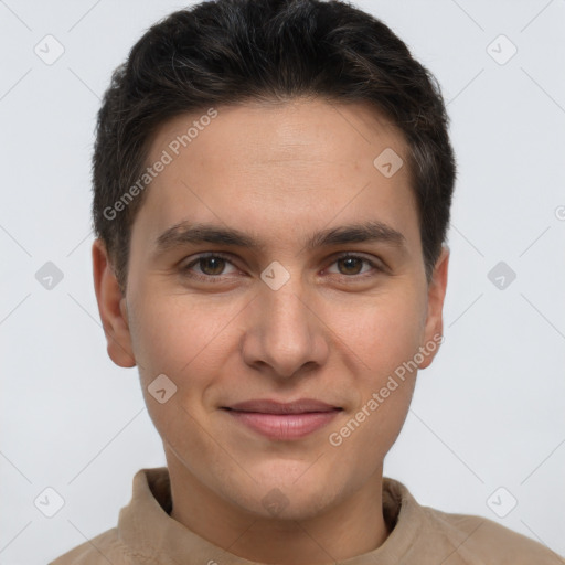 Joyful white young-adult male with short  brown hair and brown eyes