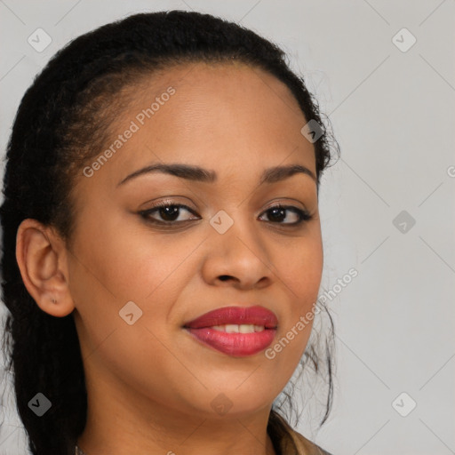 Joyful latino young-adult female with long  brown hair and brown eyes