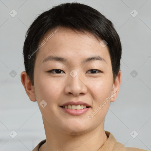 Joyful asian young-adult female with short  brown hair and brown eyes