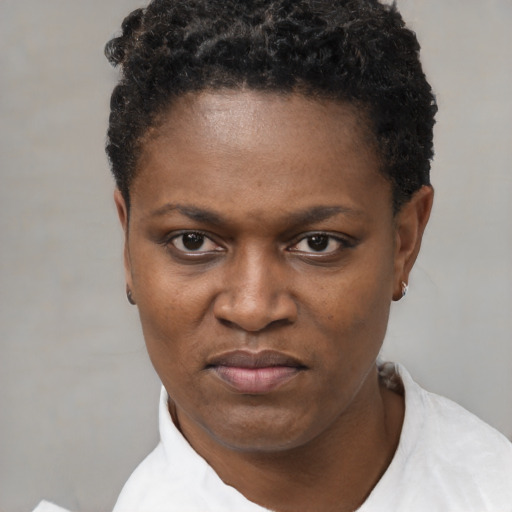 Joyful black young-adult female with short  black hair and brown eyes