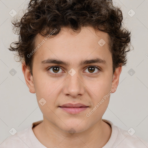 Joyful white child male with short  brown hair and brown eyes