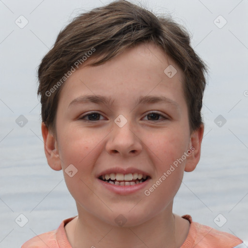 Joyful white child female with short  brown hair and brown eyes