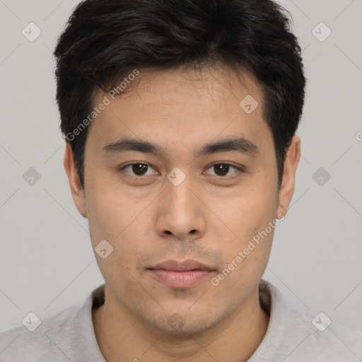 Neutral asian young-adult male with short  brown hair and brown eyes