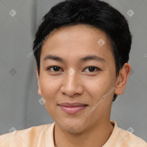Joyful latino young-adult female with short  black hair and brown eyes