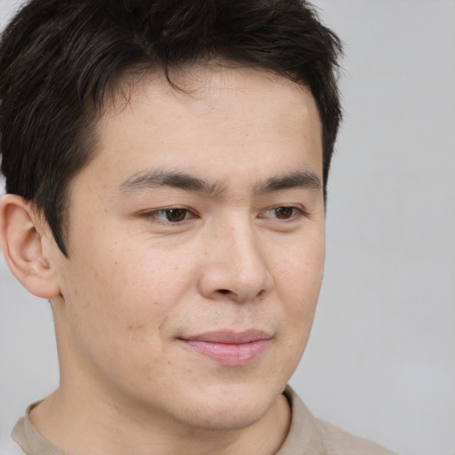 Neutral asian young-adult male with short  brown hair and brown eyes