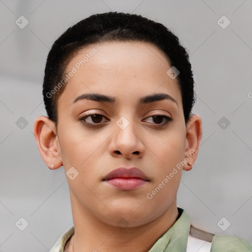 Neutral asian young-adult female with short  black hair and brown eyes
