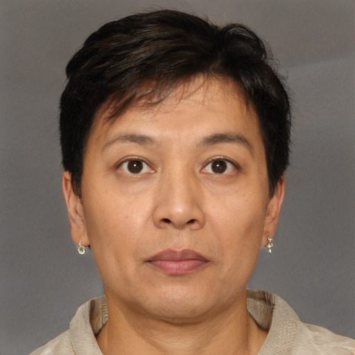 Neutral white adult female with short  brown hair and brown eyes