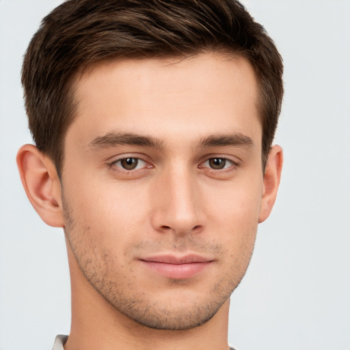 Neutral white young-adult male with short  brown hair and brown eyes