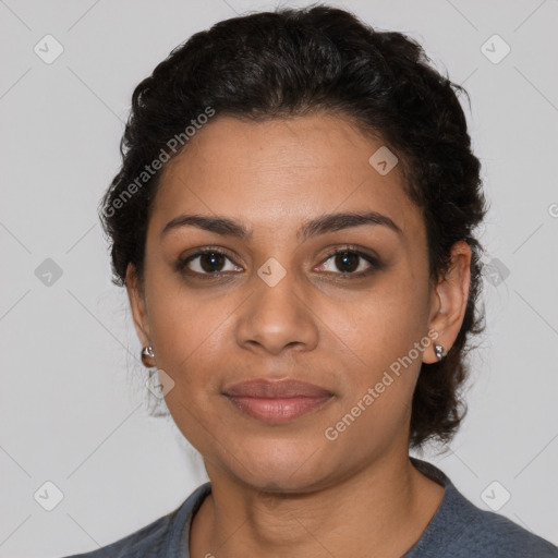 Joyful latino young-adult female with short  brown hair and brown eyes