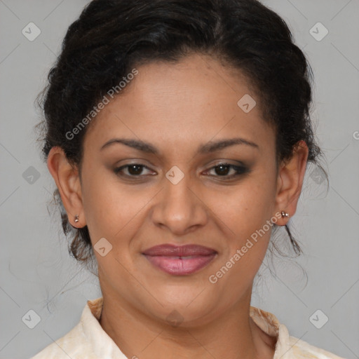 Joyful latino young-adult female with short  brown hair and brown eyes