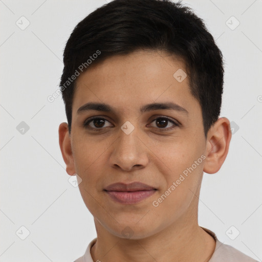 Joyful latino young-adult female with short  brown hair and brown eyes