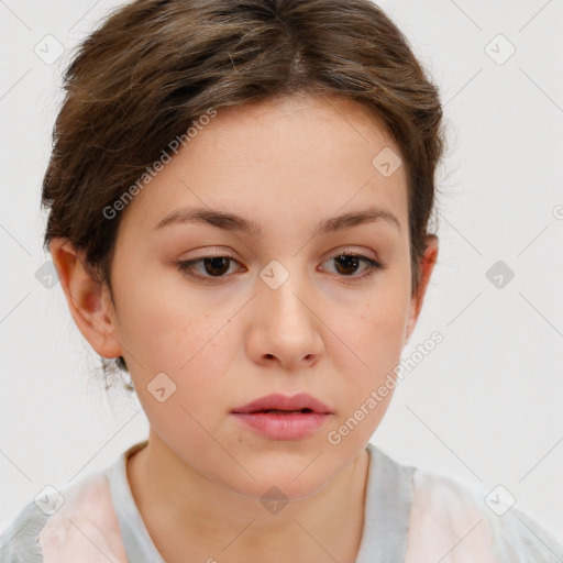 Neutral white young-adult female with short  brown hair and brown eyes