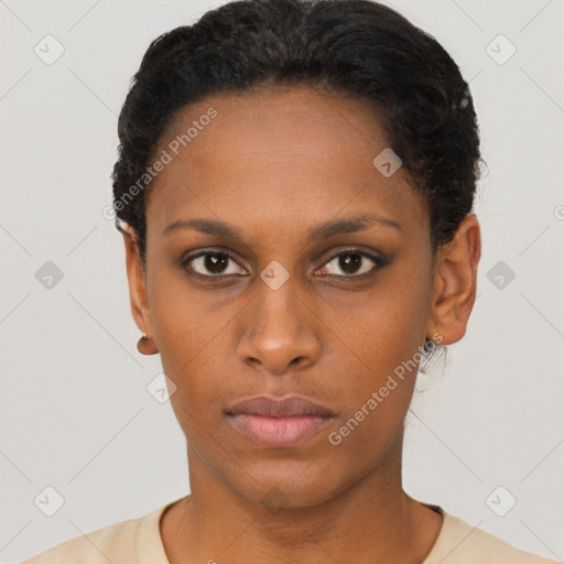 Neutral black young-adult female with short  brown hair and brown eyes