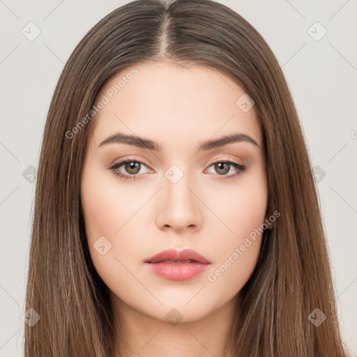 Neutral white young-adult female with long  brown hair and brown eyes