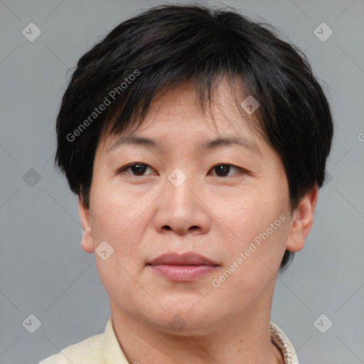 Joyful asian adult female with short  brown hair and brown eyes