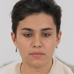 Neutral white young-adult female with short  brown hair and brown eyes