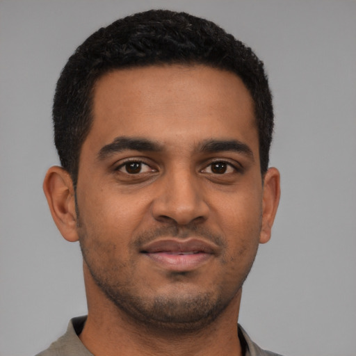 Neutral black young-adult male with short  black hair and brown eyes