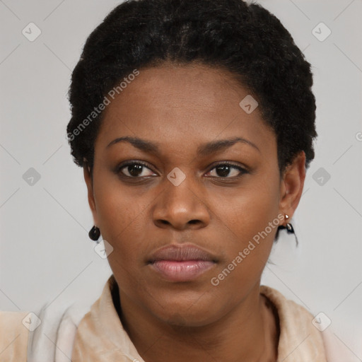 Neutral black young-adult female with short  black hair and brown eyes