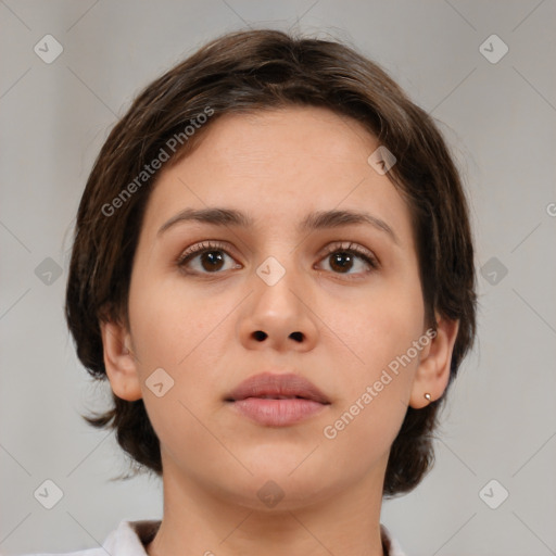 Neutral white young-adult female with medium  brown hair and brown eyes