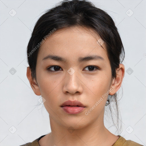 Neutral asian young-adult female with short  brown hair and brown eyes