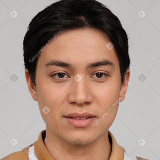 Neutral white young-adult male with short  brown hair and brown eyes