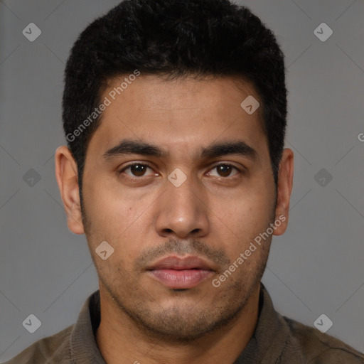 Neutral latino young-adult male with short  brown hair and brown eyes