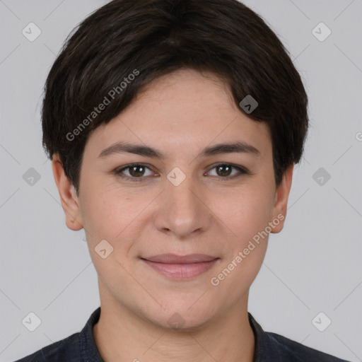 Joyful white young-adult female with short  brown hair and brown eyes