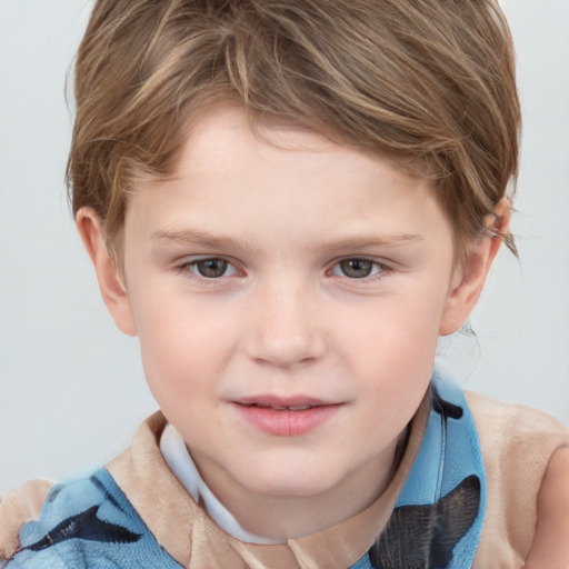 Joyful white child male with short  brown hair and grey eyes