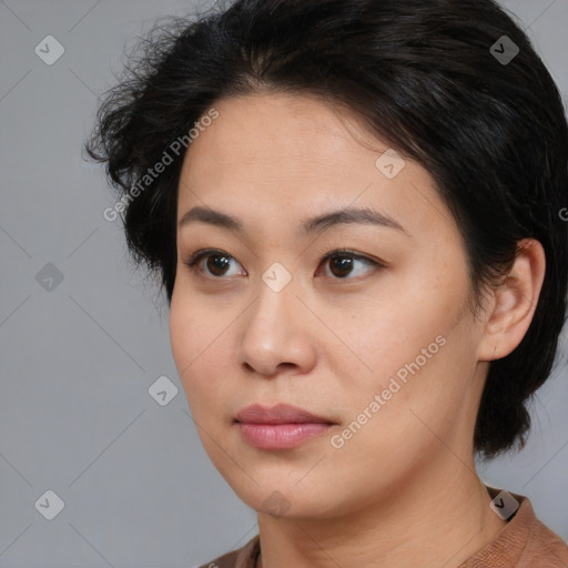 Neutral asian young-adult female with medium  brown hair and brown eyes