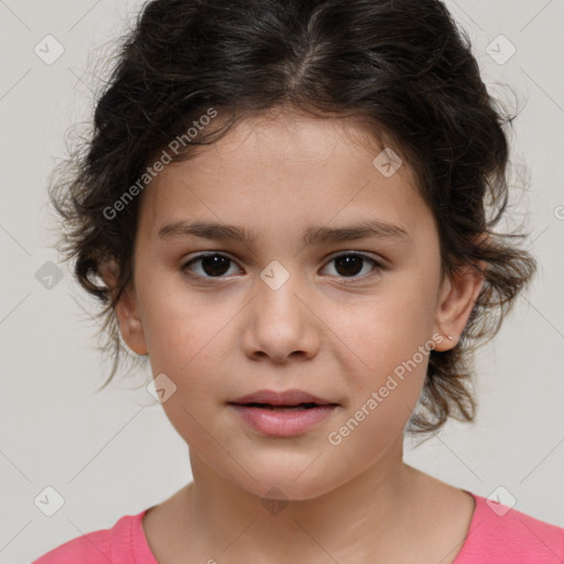 Joyful white child female with medium  brown hair and brown eyes