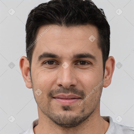 Joyful white young-adult male with short  brown hair and brown eyes