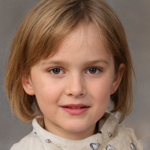 Joyful white child female with medium  brown hair and grey eyes