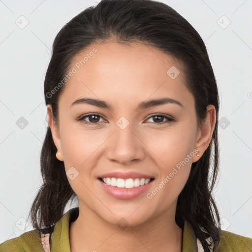 Joyful white young-adult female with long  brown hair and brown eyes