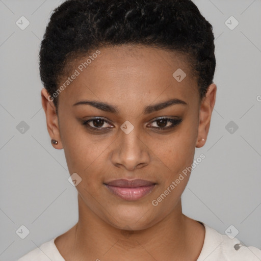 Joyful black young-adult female with short  brown hair and brown eyes