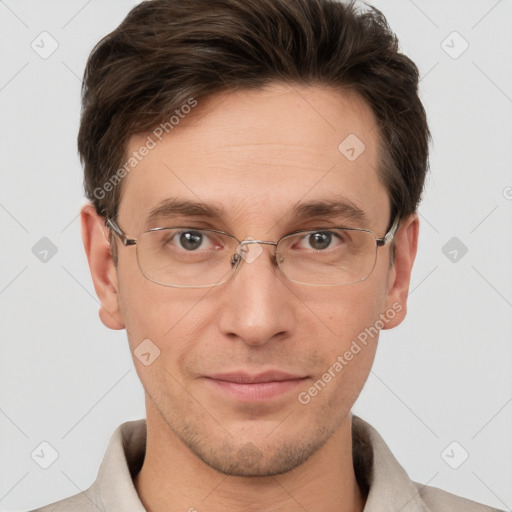 Joyful white adult male with short  brown hair and brown eyes