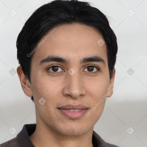 Joyful asian young-adult male with short  brown hair and brown eyes