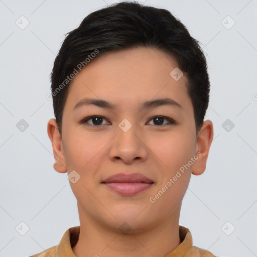 Joyful asian young-adult female with short  brown hair and brown eyes