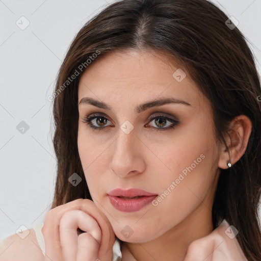 Neutral white young-adult female with medium  brown hair and brown eyes