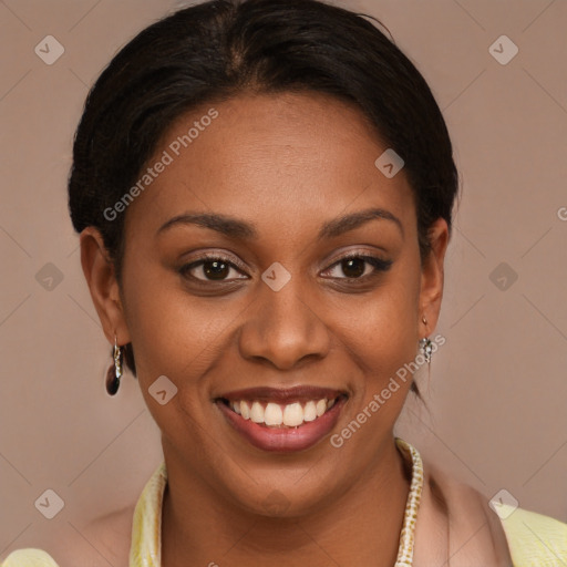 Joyful latino young-adult female with short  brown hair and brown eyes