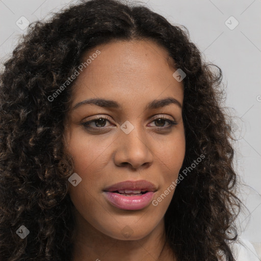 Joyful latino young-adult female with long  brown hair and brown eyes